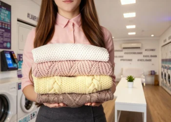 Lavagem de roupas delicadas na lavanderia automática com máximo cuidado