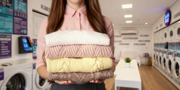 Lavagem de roupas delicadas na lavanderia automática com máximo cuidado