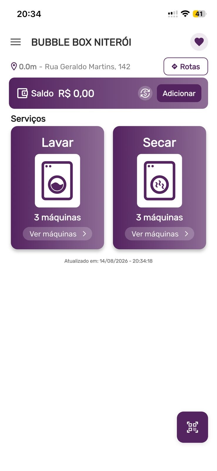 Tela do app da Bubble Box Niterói mostrando as máquinas disponíveis