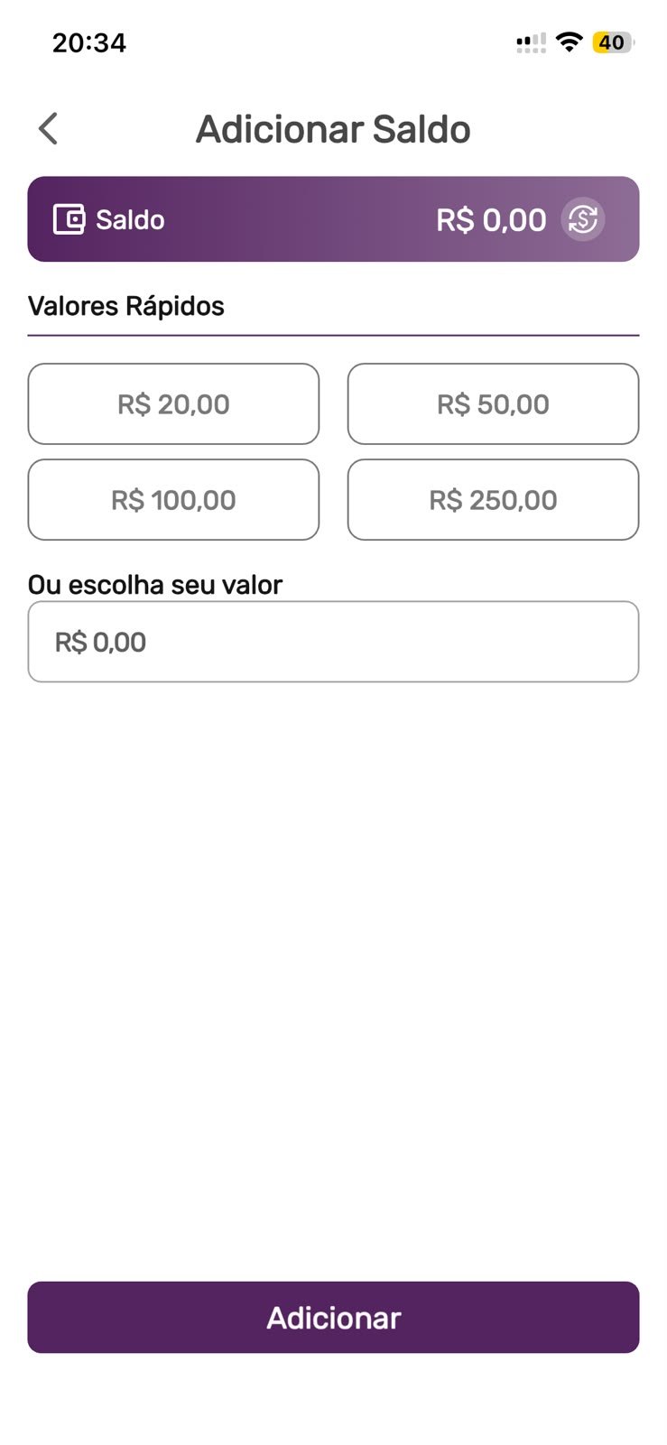 Tela de adicionar créditos no app da Bubble Box